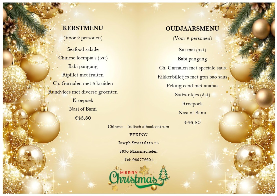 Kerstmenu en oudejaarsmenu 2025 bij Chinees Restaurant Peking